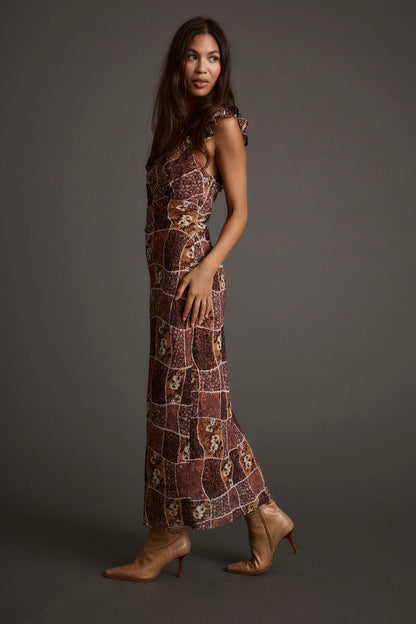 Detail shot of the Bree Patchwork Midi Dress highlighting the design elements.
