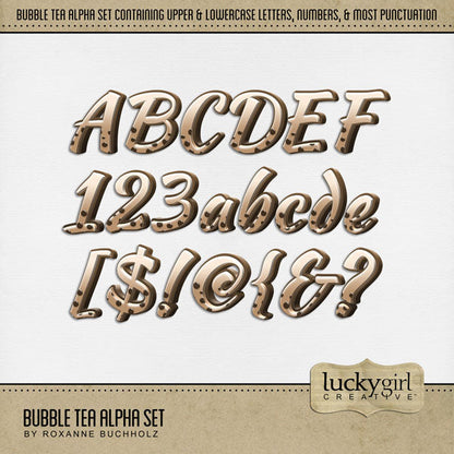 Cozy up your digital scrapbooking page titles with this tasty tea-inspired alpha set by Lucky Girl Creative digital art! Great for travel to Asia, Japan, China, and more! The alpha set consists of a full set of digital art uppercase alphabet letters A-Z, lowercase letters a-z, numbers 0-9, and most punctuation marks. This alpha set is available as individual embellishments only. This kit is included in the Tea Alpha Bundle.