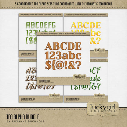 Cozy up your digital scrapbooking page titles with these tasty tea-inspired alpha sets by Lucky Girl Creative digital art! Great for travel to Asia, Japan, China, and more! Each of the 5 alpha sets consist of a full set of digital art uppercase alphabet letters A-Z, lowercase letters a-z, numbers 0-9, and most punctuation marks. These alpha sets are available as individual embellishments only.