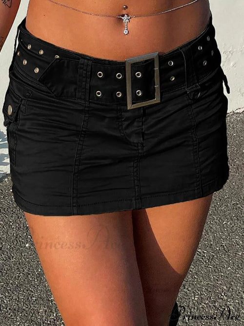 Buckle Belt Denim Trendy Pleated Mini Skirt Black / S Skirts