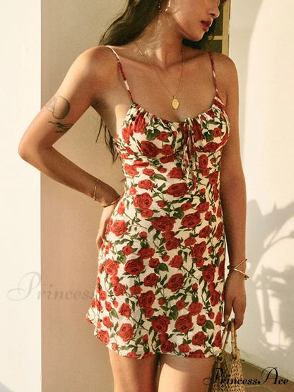 Bulgaria Roses Floral Trendy Backless Mini Dress Red / Xs Dresses