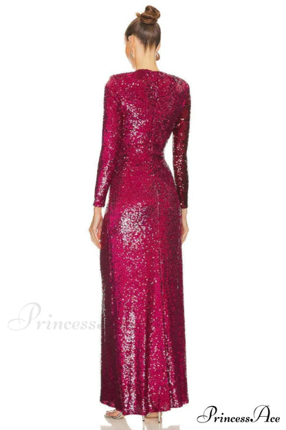 Burgundy Ruched Stylish Sequined Maxi Dress