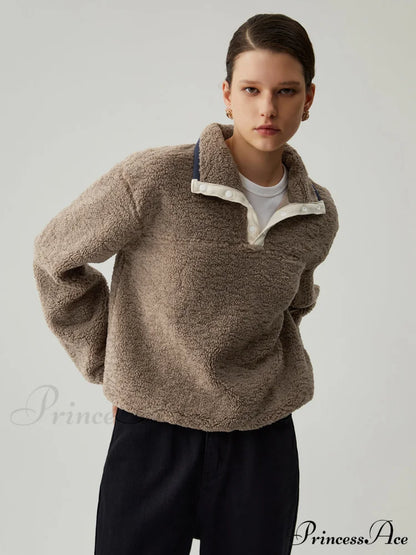 Button Down Collar Trendy Contrast Trim Sherpa Sweater Camel / Xs Sweatshirts