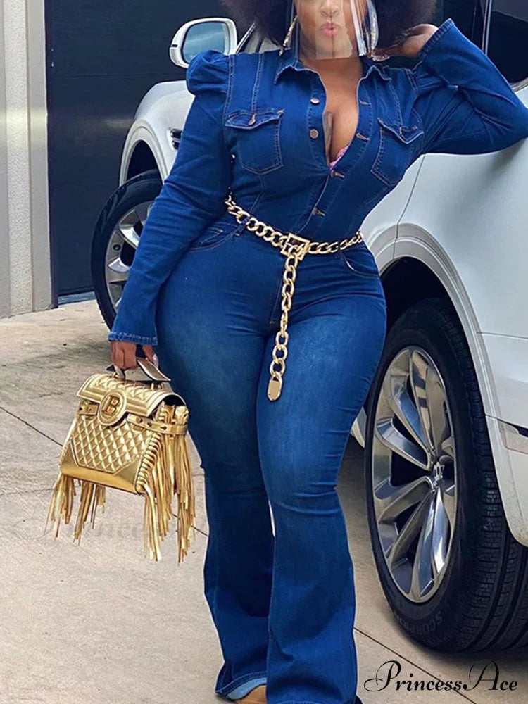 Button Front Graceful Denim Corset Top Jumpsuits