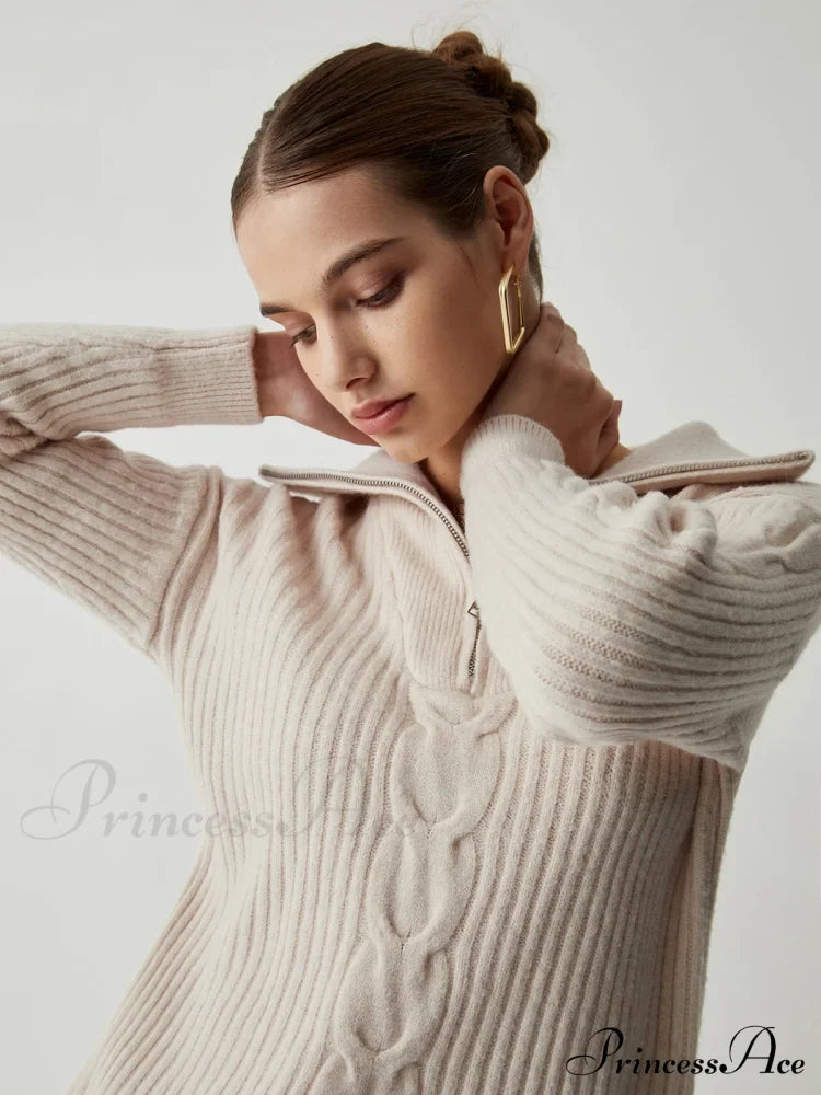 Cable Knit Open Trendy Collar Half Zip Sweater Sweaters-L