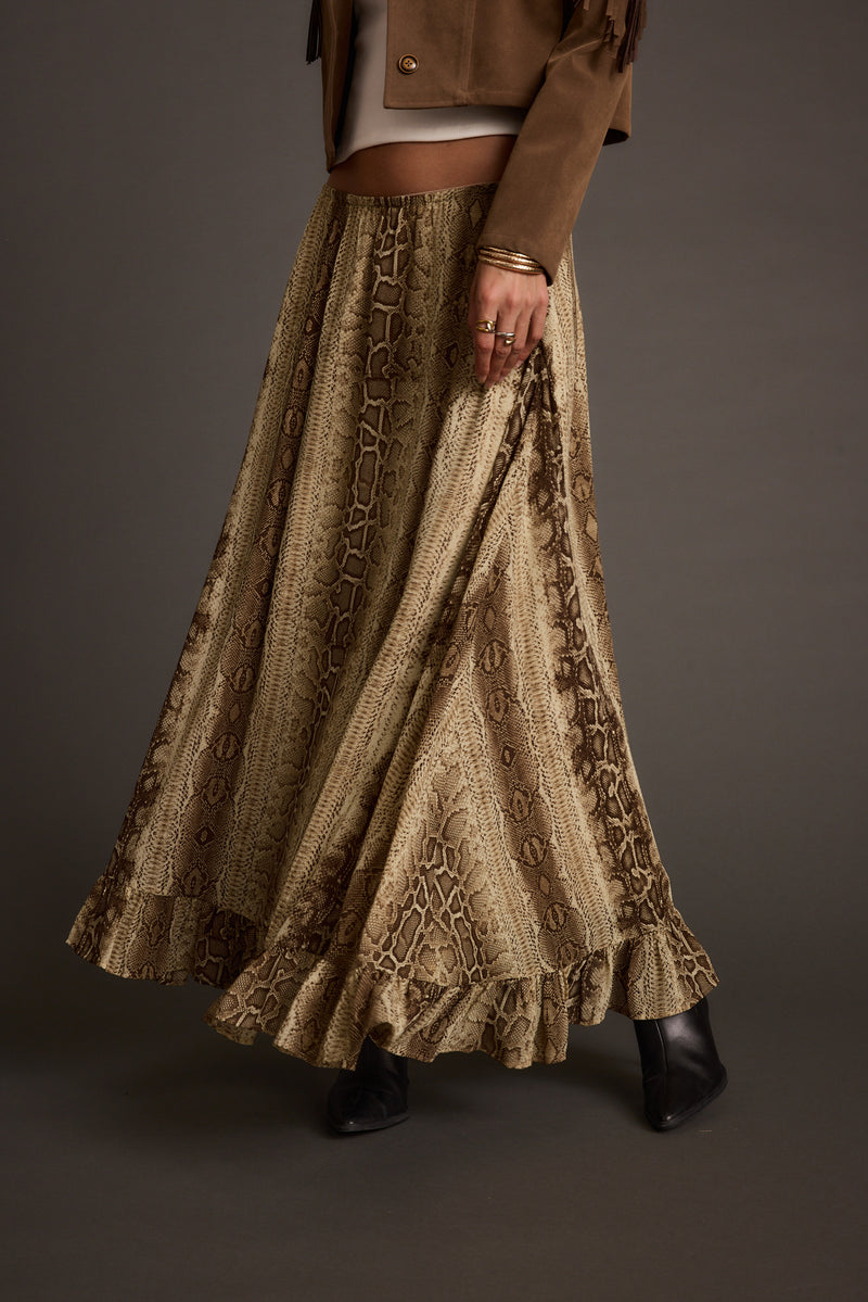 Detail shot of the Calla Snake Print Maxi Skirt highlighting the design elements.