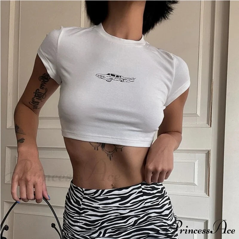 Car Print Stylish White Baby Tee Top