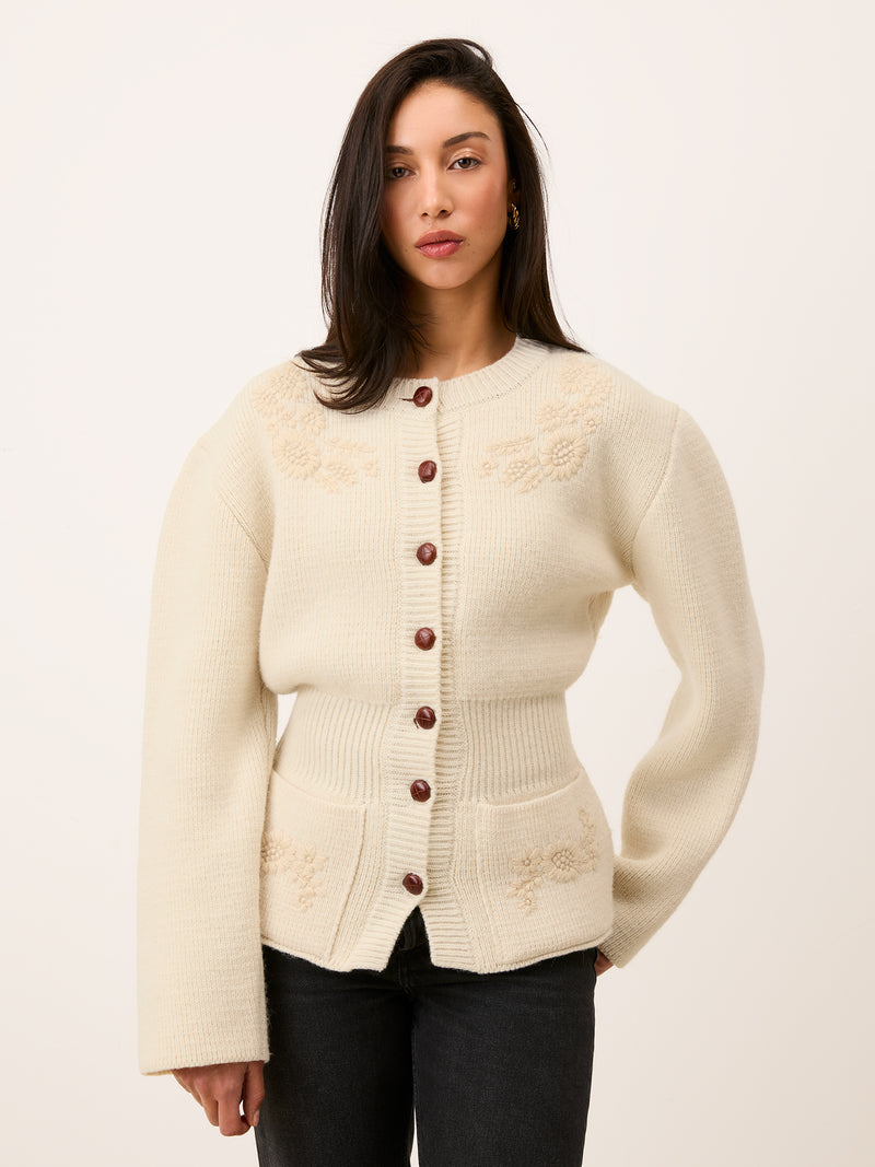 Atlas ecru embroidered cardigan worn, front view