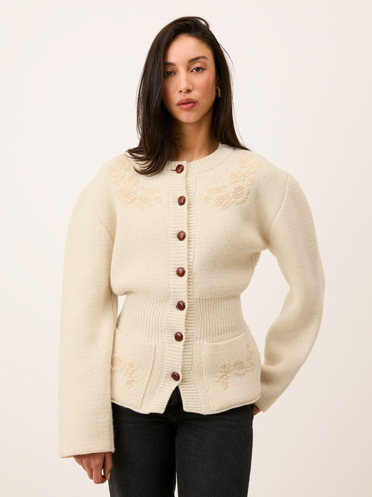 Atlas ecru embroidered cardigan worn, front view