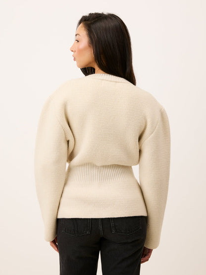 Atlas ecru embroidered cardigan worn, back view