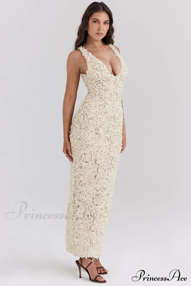 Carena Plunge Floral Charming Applique Maxi Dress