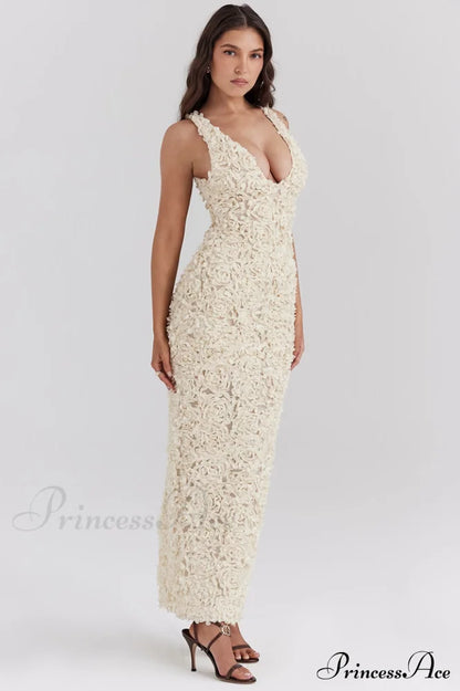 Carena Plunge Floral Charming Applique Maxi Dress