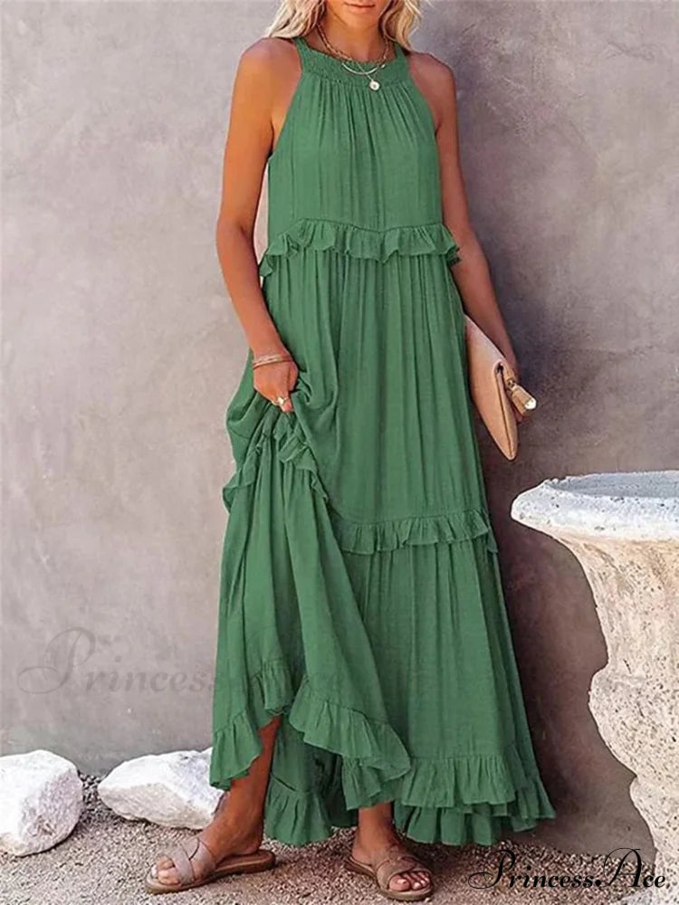 Casual Elegant Ruffle Halter Sleeveless Classic Female Party Outfits Beach Maxi Dress