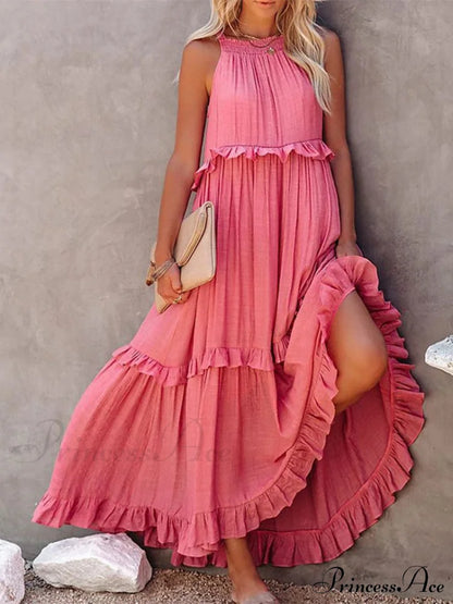 Casual Elegant Ruffle Halter Sleeveless Classic Female Party Outfits Beach Maxi Dress Pink / S