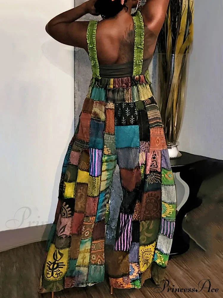 Casual Map Print Trendy Spaghetti Strap Maxi Dress Jumpsuits