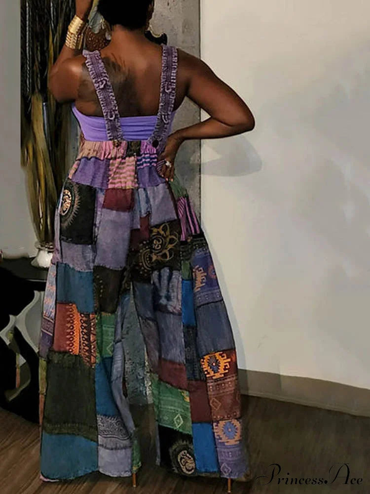 Casual Map Print Trendy Spaghetti Strap Maxi Dress Jumpsuits