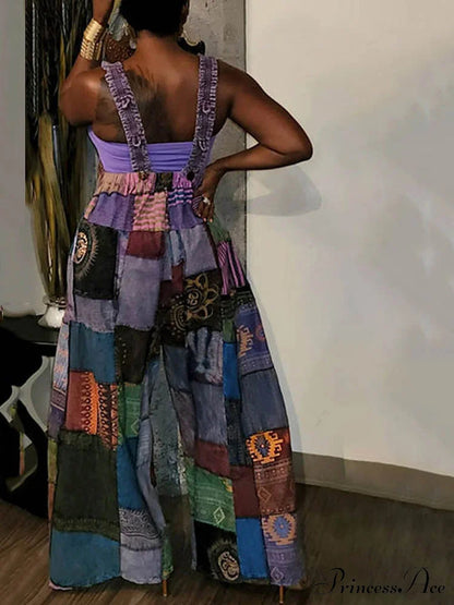 Casual Map Print Trendy Spaghetti Strap Maxi Dress Jumpsuits