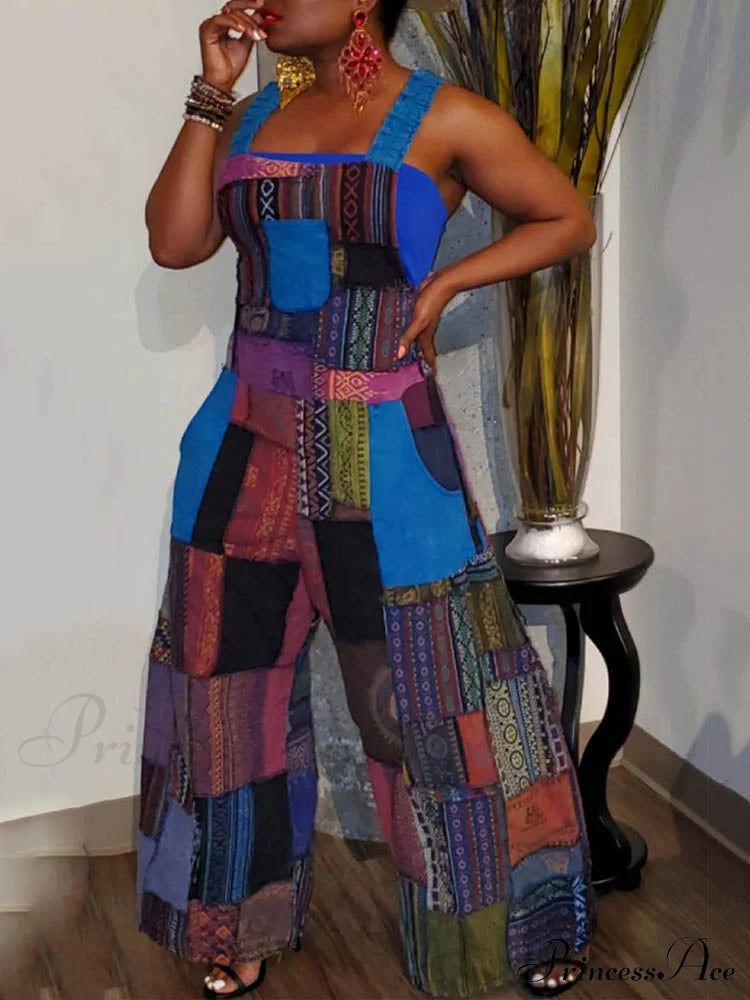 Casual Map Print Trendy Spaghetti Strap Maxi Dress Blue / S Jumpsuits