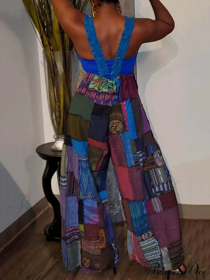 Casual Map Print Trendy Spaghetti Strap Maxi Dress Jumpsuits