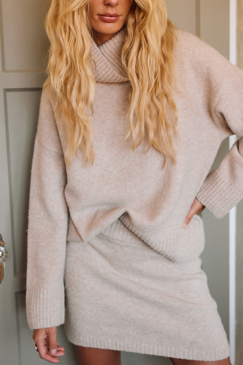 Cedar Oatmeal Sweater Mini Skirt styled in a complete look from an alternate angle.