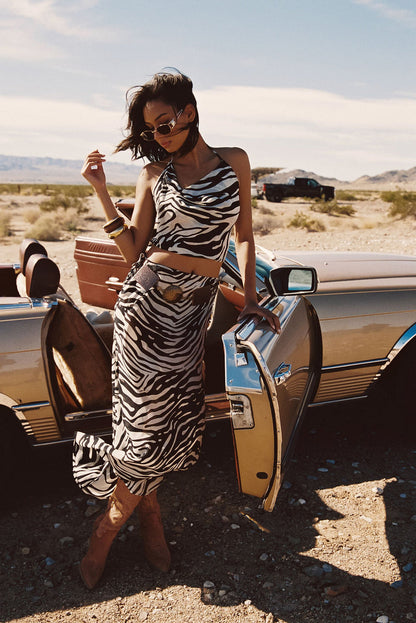 Celia Zebra Cowl Neck Tank paired with complementary accessories for a polished look.