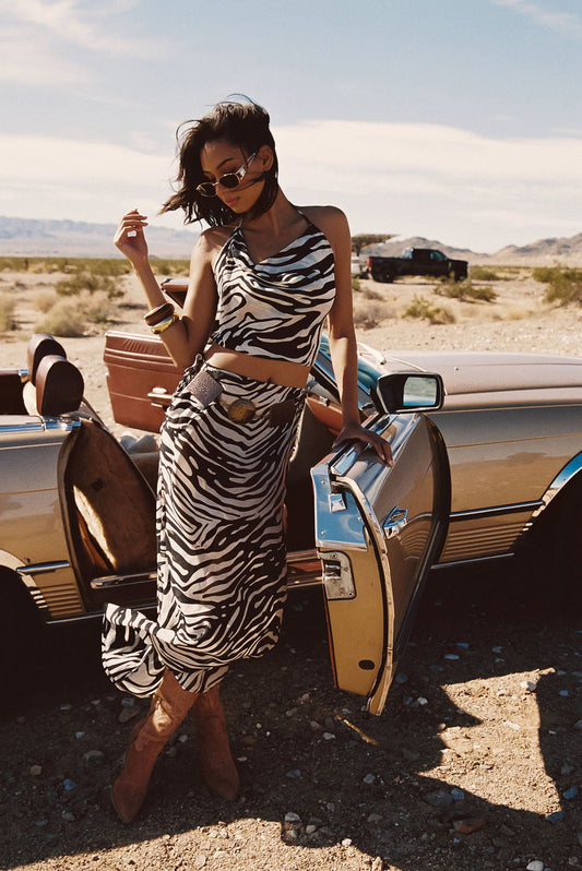 Zebra print maxi skirt with elegant accents, a lace maxi skirt essential.