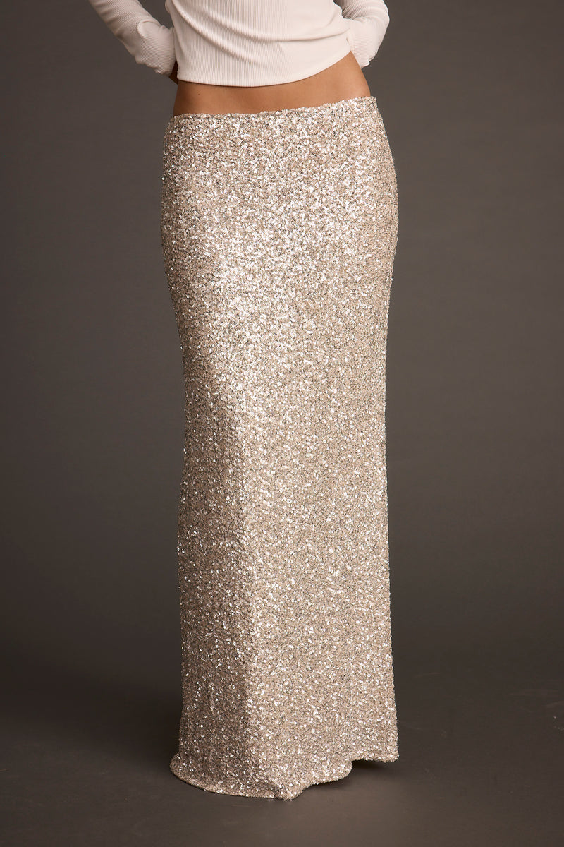 Champagne maxi skirt with elegant accents, a lace maxi skirt essential.