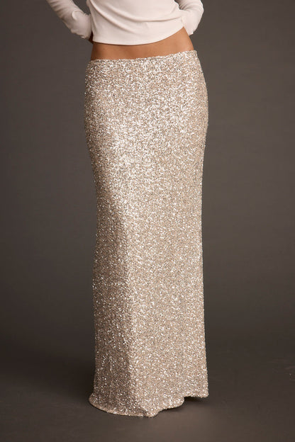 Champagne maxi skirt with elegant accents, a lace maxi skirt essential.