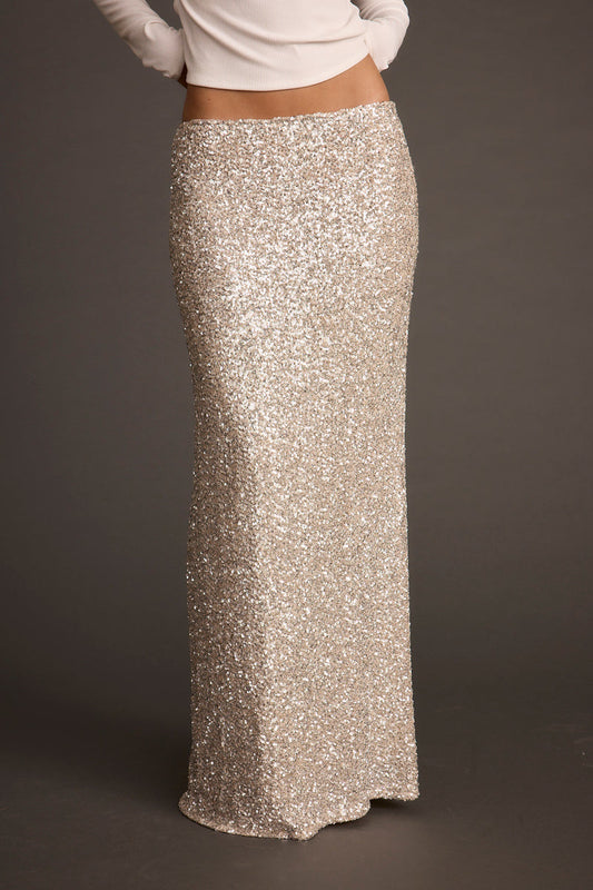 Champagne maxi skirt with elegant accents, a lace maxi skirt essential.