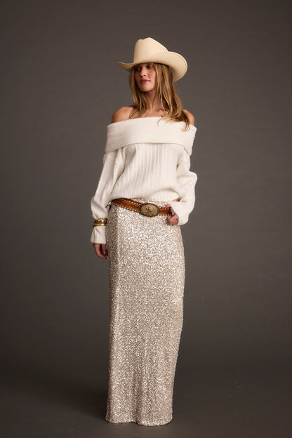 Champagne Nights Maxi Skirt styled in a complete look from an alternate angle.