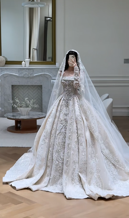 Chic A-Line Long Wedding Dresses Satin Beaded White Bridal Gowns Off-shoulder Cup Sleeves Bridal Dress