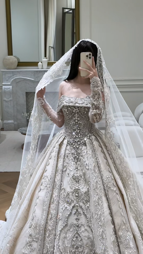 Chic A-Line Long Wedding Dresses Satin Beaded White Bridal Gowns Off-shoulder Cup Sleeves Bridal Dress