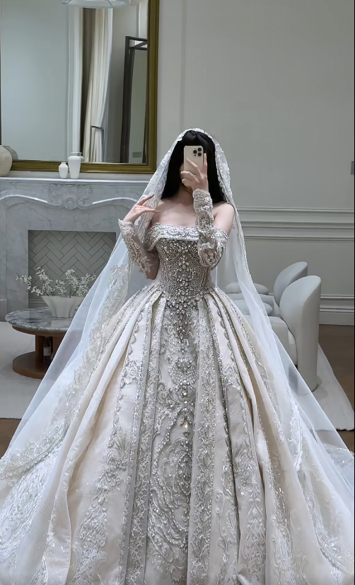 Chic A-Line Long Wedding Dresses Satin Beaded White Bridal Gowns Off-shoulder Cup Sleeves Bridal Dress