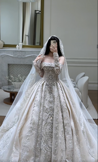 Chic A-Line Long Wedding Dresses Satin Beaded White Bridal Gowns Off-shoulder Cup Sleeves Bridal Dress