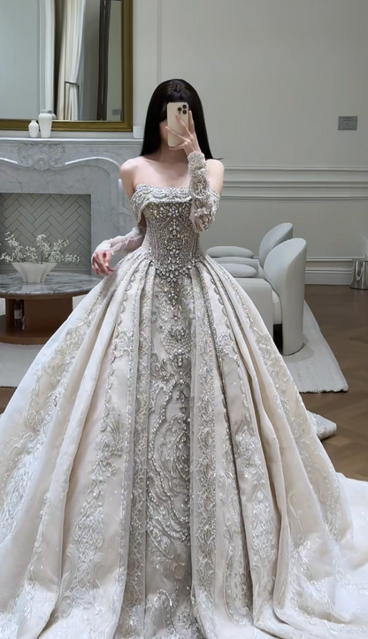 Chic A-Line Long Wedding Dresses Satin Beaded White Bridal Gowns Off-shoulder Cup Sleeves Bridal Dress
