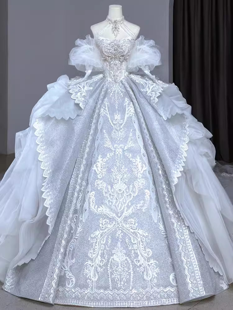 Chic Ball Gown Off The Shoulder Short Sleeves Lace Wedding Dresses