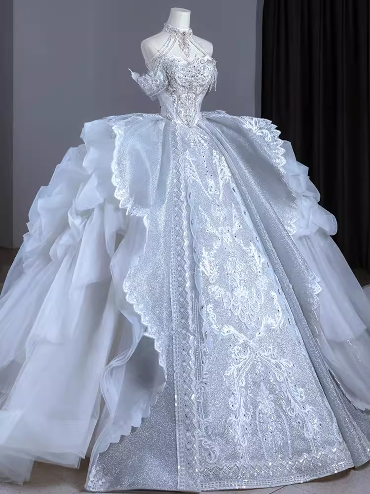 Chic Ball Gown Off The Shoulder Short Sleeves Lace Wedding Dresses