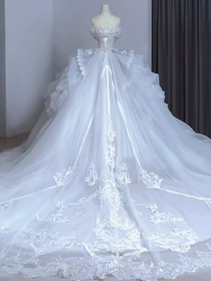 Chic Ball Gown Off The Shoulder Short Sleeves Lace Wedding Dresses