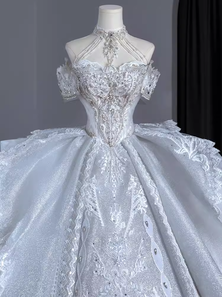 Chic Ball Gown Off The Shoulder Short Sleeves Lace Wedding Dresses