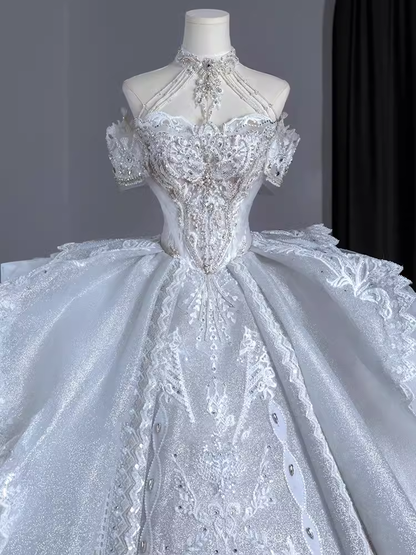 Chic Ball Gown Off The Shoulder Short Sleeves Lace Wedding Dresses