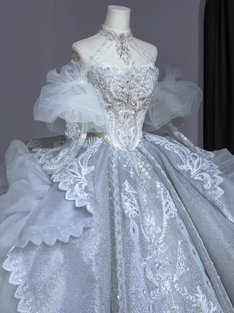Chic Ball Gown Off The Shoulder Short Sleeves Lace Wedding Dresses