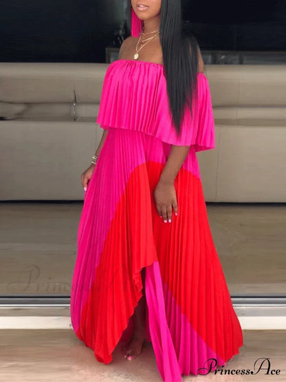 Chiffon High Waist Panel Trim Classic Pleated Midi Skirt - Black Rose Red / L Dresses