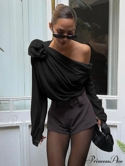 Chiffon Semi-Sheer One Trendy Shoulder Asymmetrical Top Black / Xs Shirts