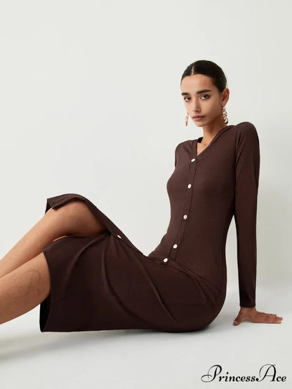 Chocolate Button Down Trendy Long Sleeve Midi Dress Dresses