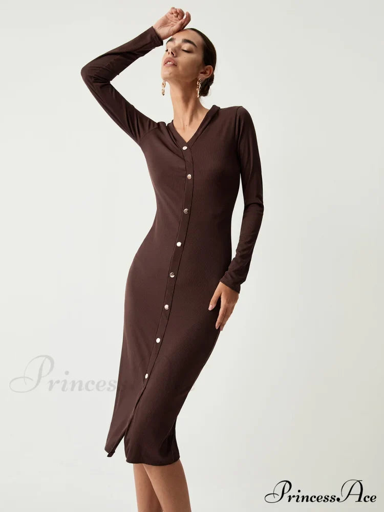 Chocolate Button Down Trendy Long Sleeve Midi Dress Dresses