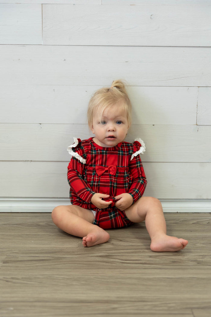 Christmas Plaid LS Lace Edge Ruffle Skirted Bodysuit