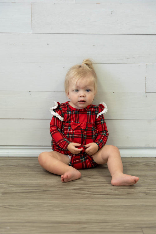 Christmas Plaid LS Lace Edge Ruffle Skirted Bodysuit