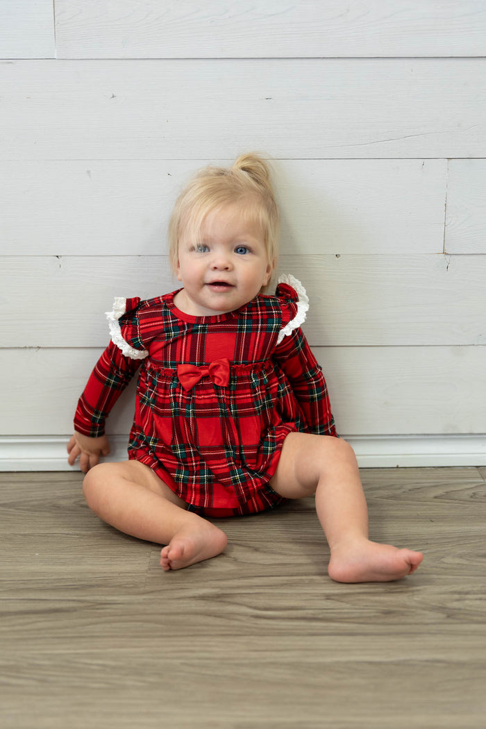 Christmas Plaid LS Lace Edge Ruffle Skirted Bodysuit