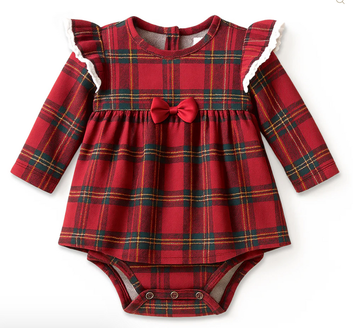 Christmas Plaid LS Lace Edge Ruffle Skirted Bodysuit