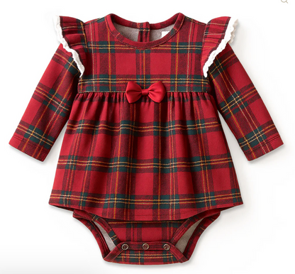 Christmas Plaid LS Lace Edge Ruffle Skirted Bodysuit